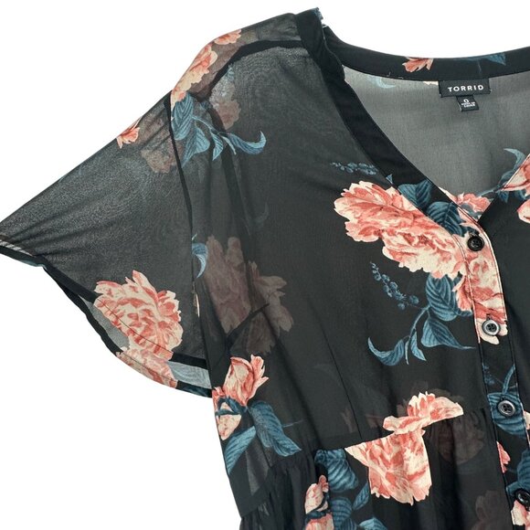Torrid 0 Short Sleeve Button Up Sheer Tunic Top Black Floral High Low Hem Vneck - Picture 5 of 11
